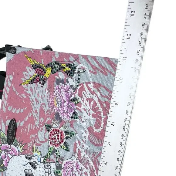 Ed Hardy Denim Tote Crossbody Satchel Bag Denim Pink Tattoo Skull Rhinestones - Picture 11 of 12